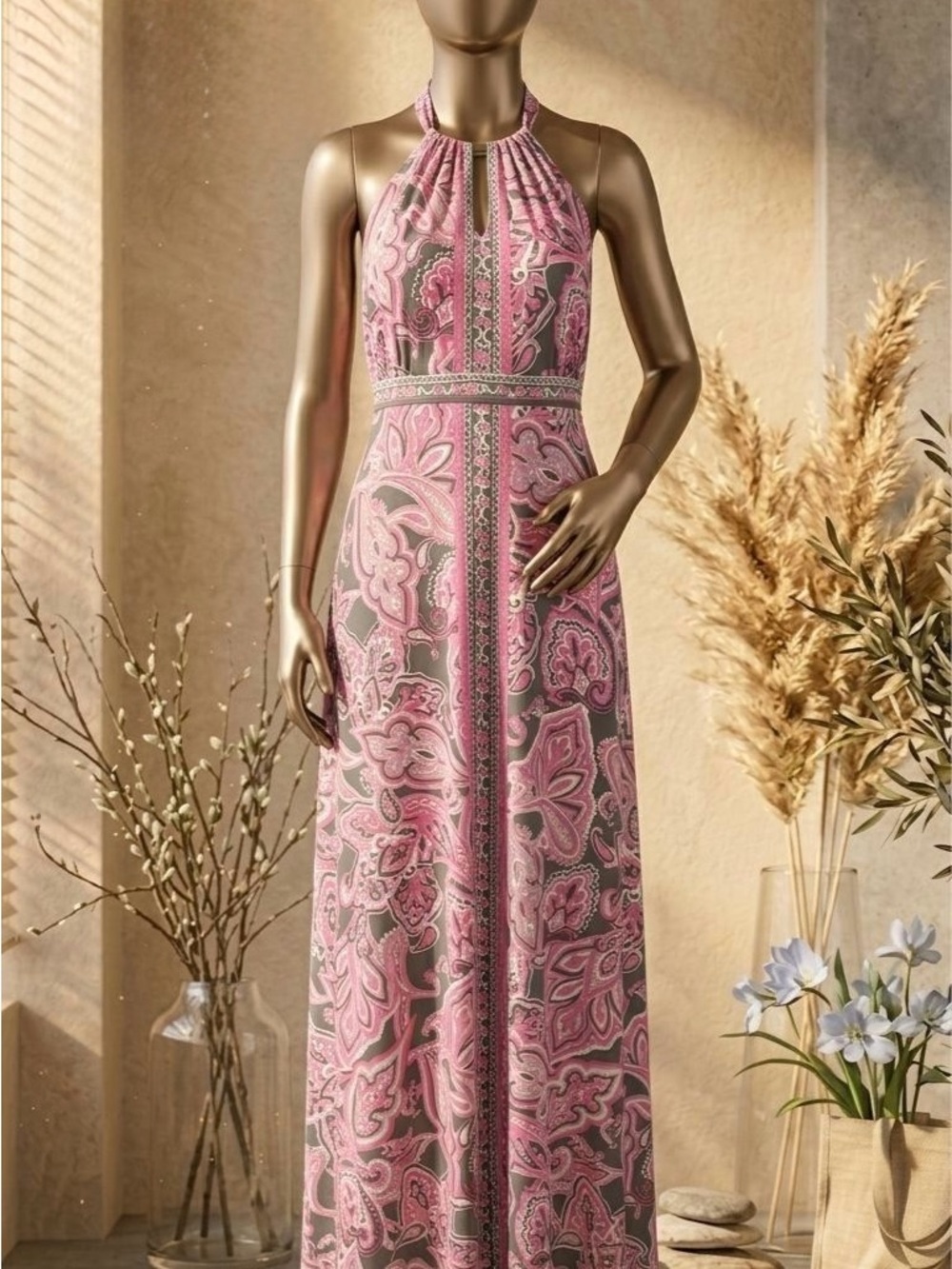 INC International Concepts Pink Paisley Halter-Style Maxi Dress
